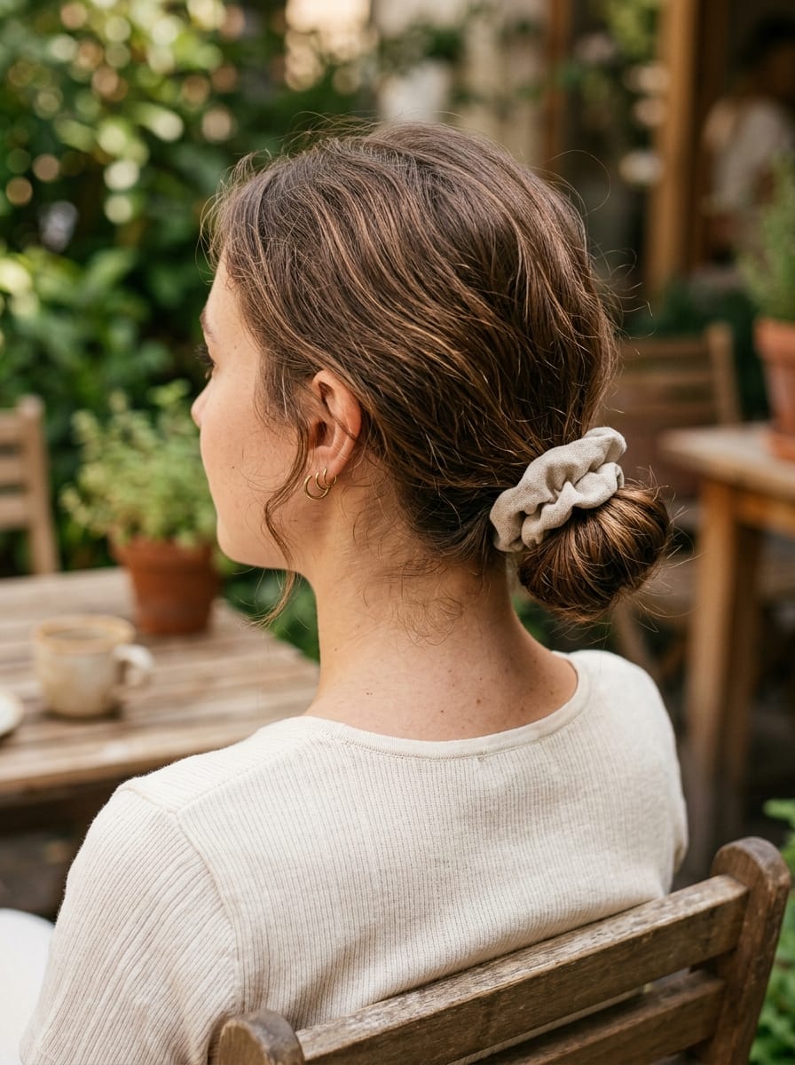 Dutt mit Scrunchie - Dutt Frisur mittellang